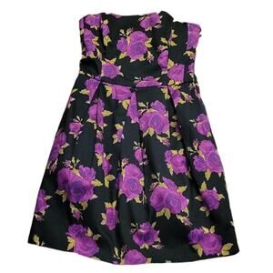 Black & Purple Rose Print‎ Strapless Corset Top Pleated Cocktail Mini Dress - S